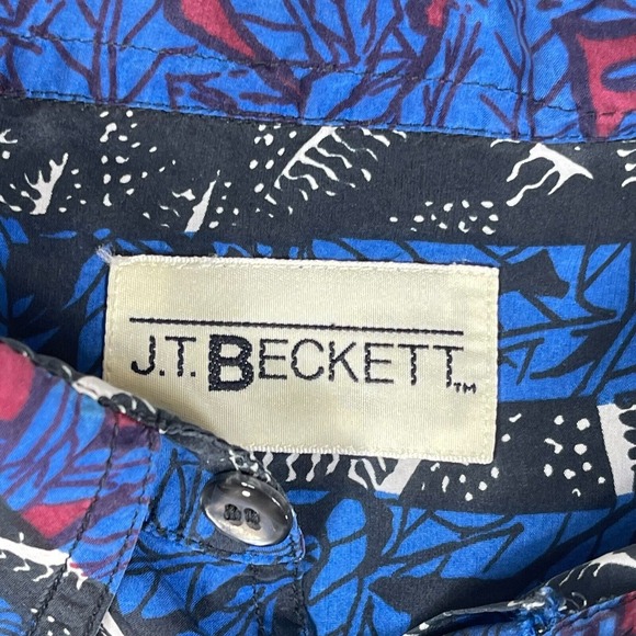 JT Beckett Hawaiian Silk Shirt Mens Medium Blue Leaf Geometric Retro Pattern Y2K - Picture 6 of 10